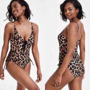 Bar III Cheetah Print Lace-Up Sides One-Piece Swimsuit MBNA24224 Women Small NWT